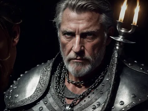 (Highest quality:1.3), cinematic shot, masterpiece, (sharp focus:1.5), (photorealistic:1.3), portrait of (a weary-looking but still proud and fierce-looking old Viking warrior, now the leader of his village, dressed in elaborately detailed chain mail and leather armour, a few torches burn on the walls, giving the scene a dark atmosphere but sculpting the forms in sharp chiaroscuro), it is night time, (highly detailed skin),  (detailed face), detailed background, dark lighting, twilight lighting, volumetric lighting,  intricate details, UHD,  <lora:epiNoiseoffset_v2:1.5>