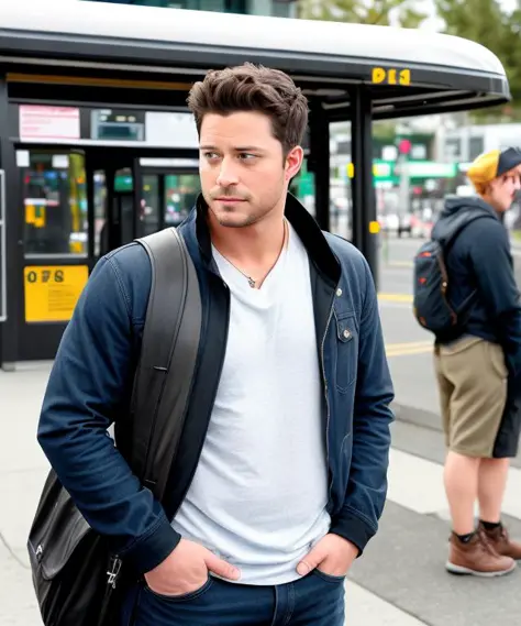 paparazzi magazine feature photo, a male celebrity waiting for a bus in portland