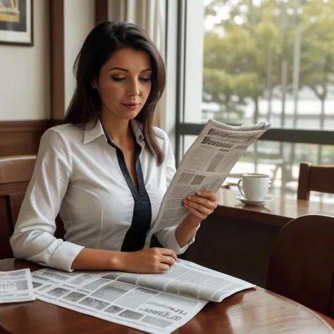 Uma empresária lendo o jornal na mesa do café da manhã