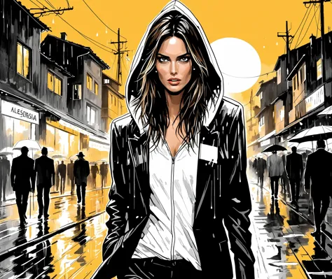 (Alessandra Ambrosio), nighttime, cyberpunk city, dark, raining, neon lights ((,Wearing a blazer over a hoodie)), blazer, hoodie...