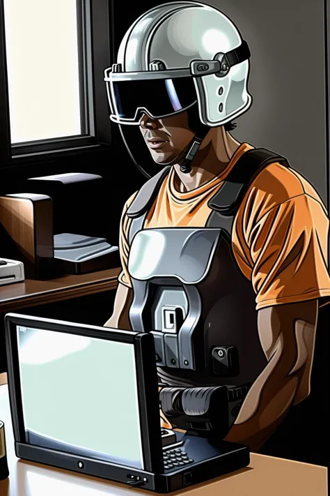 cell shading, drawing, a man with a helmet on looking at a computer