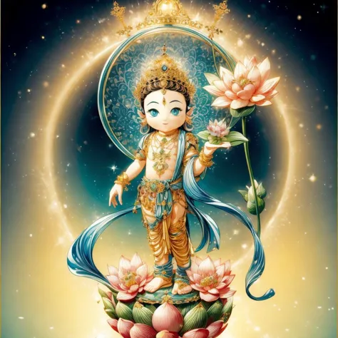 (solo,1boy,open eyes,smirk, pusa and qfo),flower,water,lotus,lily pad,necklace,anklet,holding,lotus,jewelry,crown,<lora:add_deta...