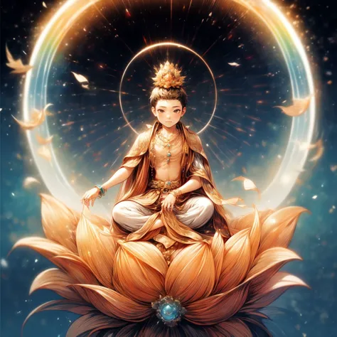 ((guanyin)),1boy,ocean,stars,rainbow,night,necklace,circle,sitting on lotus,flower,jewelry,bracelet,crescent moon,earrings
<lora...