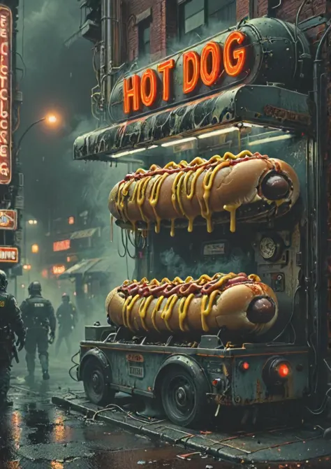 a mechanical hot dog is rising, eerie, beyond time here and now, bleak, challenging the the police, epic, neon lights, <lora:- S...