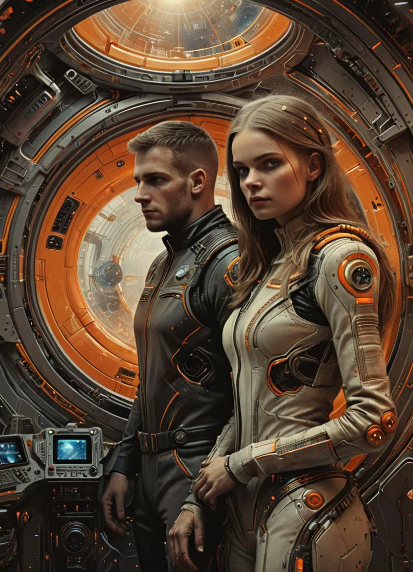 (al estilo del estilo de Paul Lehr:1.1) Vista de un hombre y una mujer con uniformes futuristas., dentro del interior de una nave espacial con algunas ventanas para observar el exterior, color naranja y beige, Representación realista hiperdetallada, detalles hiperrealistas, 32k uhd, Obra maestra, foto, arte digital, ciencia ficción 