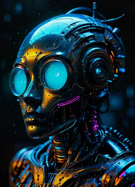 Ombre color scheme of neon yellow, neon blue, neon pink, neon green, neon orange, highly detailed robot head, clockwork, transpa...