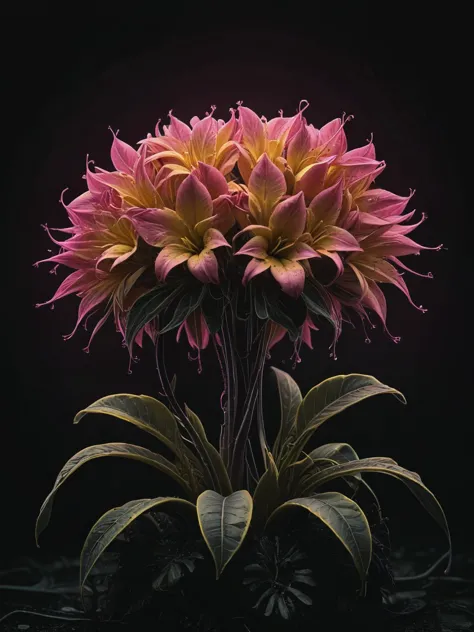 a fictional plant with unusually shaped petals,macro shot,depth of field, Dark moody lighting, high resolution, (((masterpiece))...