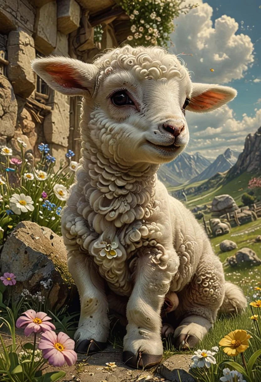 Personnage de dessin animé mignon, agneau appréciant les fleurs du printemps, (((chef-d&#39;œuvre))),(Meilleure qualité),    