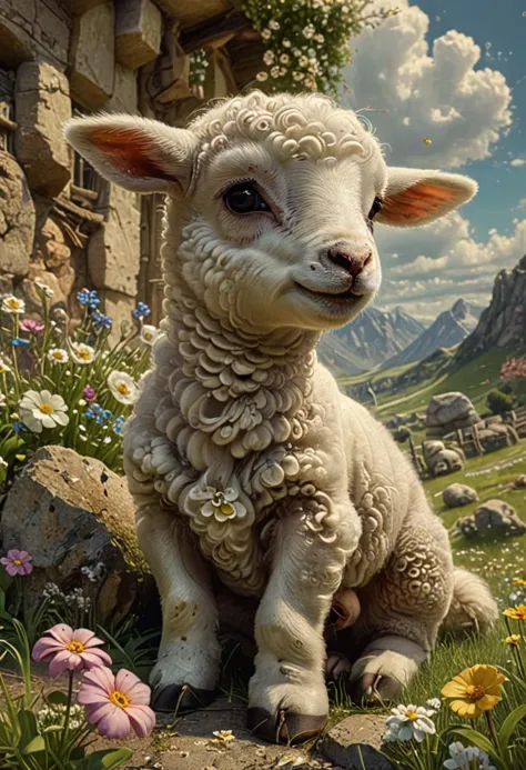 cute cartoon character, lamb enjoying springtime flowers, (((masterpiece))),(best quality),    <lora:The_Dark_Side_Of_The_Future...