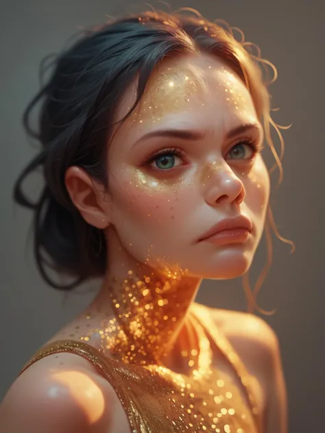 a woman with glitter on her face and a gold dress