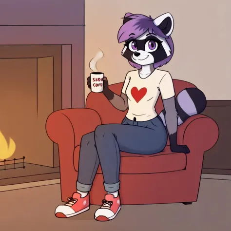 <lora:Foxandsnus_Raccoon-50:0.7>
foxandsnus_raccoon, raccoon, female, solo, 1girl, masterpiece, hair, purple eyes, purple hair, raccoon tail,
sfw, clothed, shirt, pants,
very slim, female shoes,
holding hot coffee mug,
sitting on chair, red armchair, insid...