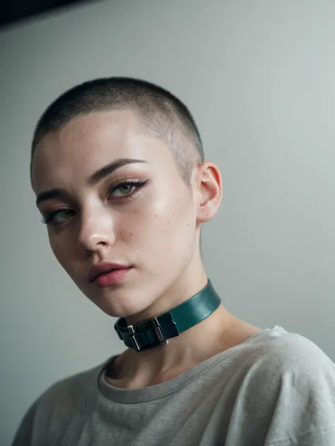 a woman with a shaved head and green collar