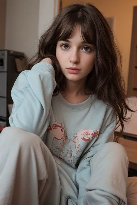 arafed young girl sitting on a bed in a room