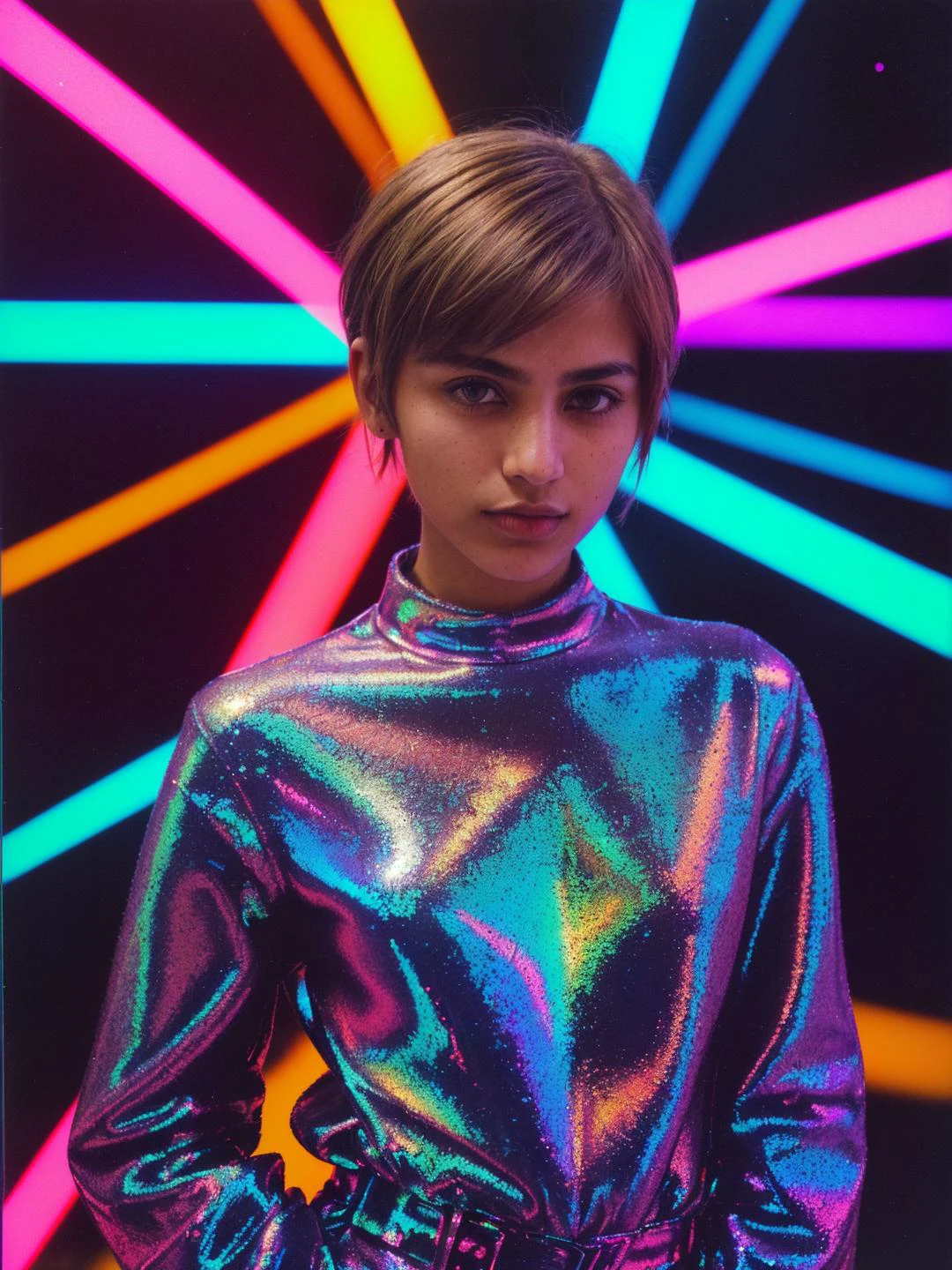 analog photo, dark shot, low key, action, (a intelligent afghan girl, 20 years old:1.1), strawberry blonde pixie bob hair, huge , fit, reflections on the wall background, abstraction atmosphere, (prismatic, holographic:1.2), sparkles, neon pixels, (neon light:1.1), chaotic, fashion magazine, (intricate details:0.9), (hdr, hyperdetailed:1.2)