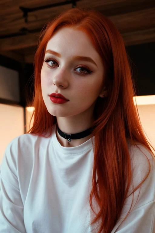 raw photo,  (25yo redhead girl:1.2), makeup, graphic eyeliner, rouge, (choker:0.9), realistic skin texture, oversize shirt, (red:0.8), softcore, warm lighting, cosy atmosphere, instagram style