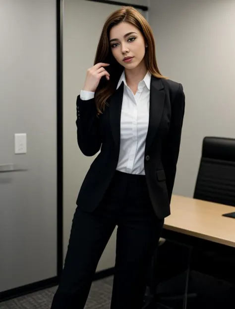 a woman in a suit standing in an office with a desk