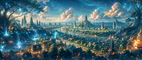 ((anime)), (colorful trees), edge of a cliff, holiday, (elvish countryside), metropolitan cities, residential, playgrounds, indu...