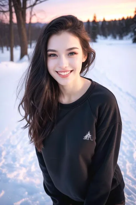 a woman standing in the snow with a smile on her face