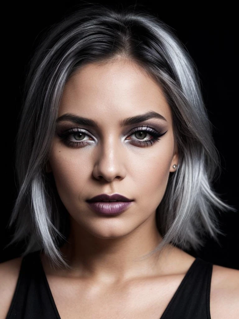 (hdr, dark shot:1.2), closeup portrait photo of beautiful woman, 25 years ols, makeup, dramatic eyeliner, vibrant silver hair, punky, sexy, simple black background, 8k uhd, high quality, dramatic, cinematic, vibrant colors, high contrast, (natural skin texture, hyperrealism, soft light, sharp)