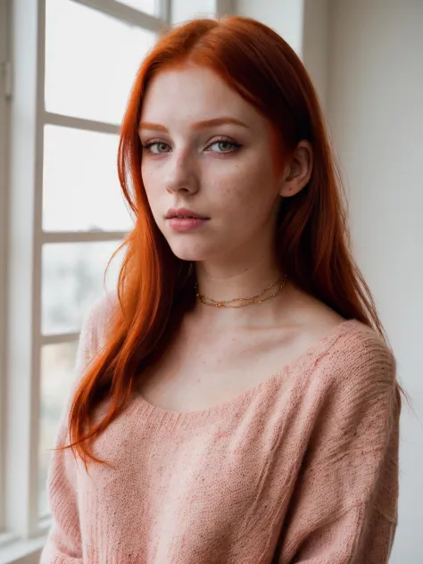 raw photo, (18yo redhead girl:1.2), makeup, graphic eyeliner, rouge, (choker:0.9), realistic skin texture, oversize knit sweater...