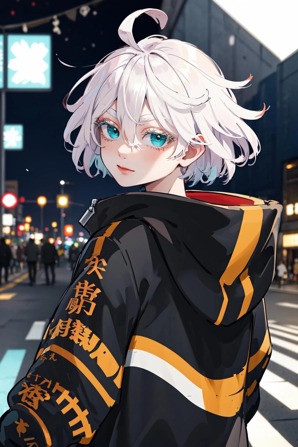 masterpiece, best quality, highres, 1girl, solo, short hair, white hair, floating hair, ahoge, hair between eyes, colored eyelashes, aqua eyes, high collar, black jacket, hooded jacket, zipper pull tab, long sleeves, sleeves past wrists, upper body, street, night, from behind, looking at viewer, closed mouth,