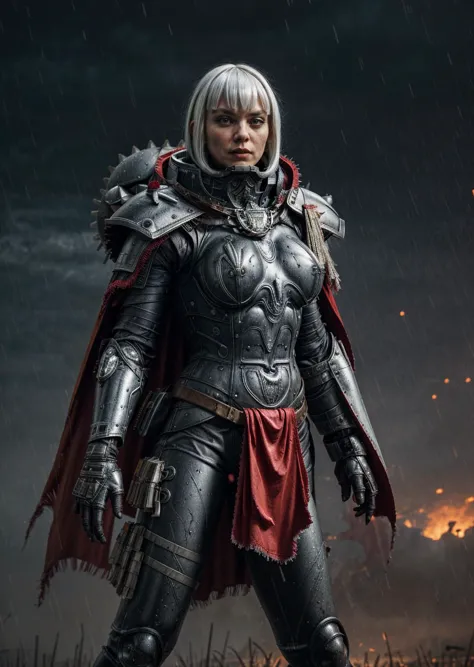 a woman in armor standing in a field with a sword