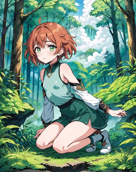 a girl kneeling in the woods with her legs crossed