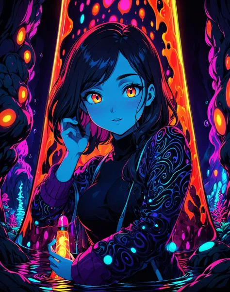 black light, bioluminescent, fluorescent, girl swimming inside giant lava lamp, psychedellic, HD, 8K, intricate detail, extremely detailed