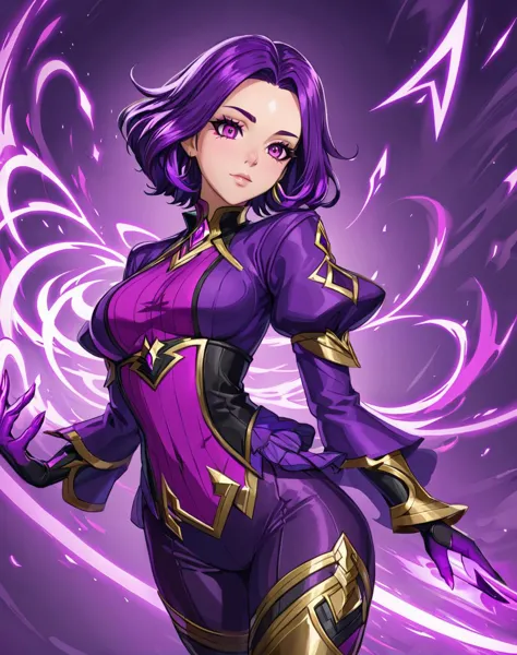 a woman in purple and gold outfit with purple hair and purple eyes