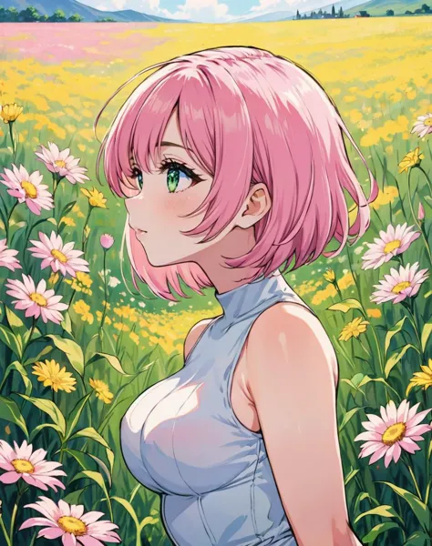 a woman with pink hair standing in a field of flowers