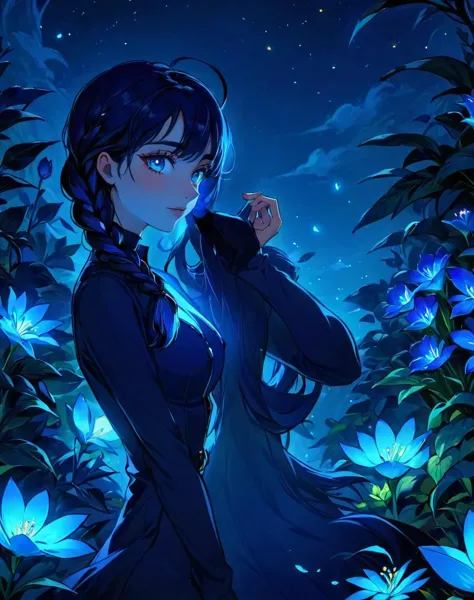 <lora:Shadow_Style_XL:1> shadow silhouette, (masterpiece), best quality, highres, 4k, 8k, amazing quality, amazing shading, soft lighting, 1girl, Side braid, small saggy boobs, Fit body, blue eyes, Royal blue hair, visually stunning scene featuring a captivating woman surrounded by an enchanting garden of surreal, bioluminescent flowers in an otherworldly twilight setting, intricate detail, extremely detailed, cartoon style, flat