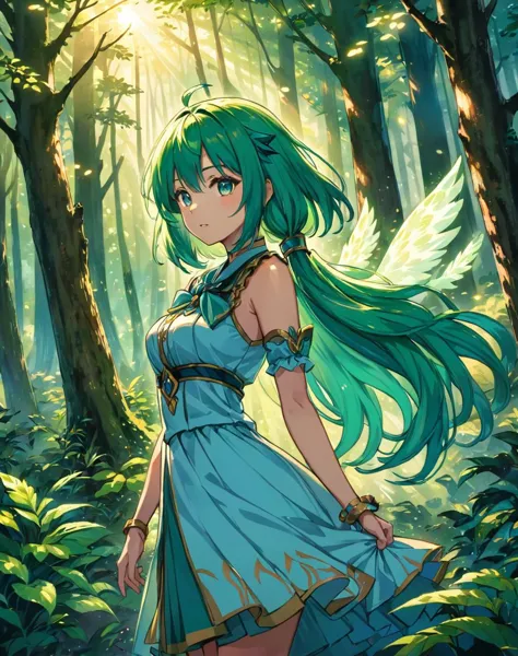 a woman in a blue dress standing in the woods