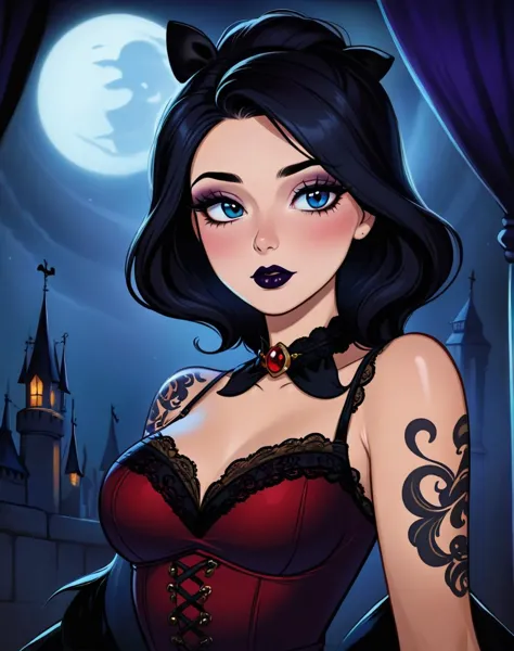 gothic, tattooted, black lipstick, dark eye shadow, sexy, snowwhite from disney, (masterpiece), best quality, highres, 4k, 8k, amazing quality, amazing shading, soft lighting, cartoon style, flat