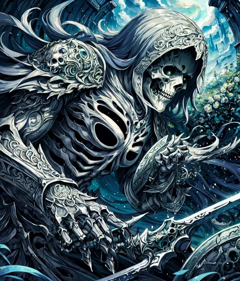 a painting of a skeleton with a sword and a skull on it