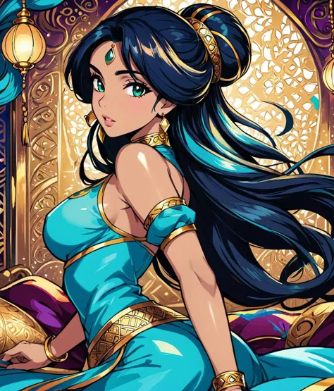 fantasy art, princess jasmine from aladdin, intricate detail, extremely detailed, Illustration, official artwork, anime style, wallpaper, official art, HD, 8K