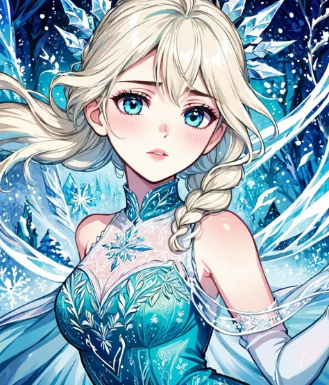 fantasy art, Elsa from frozen, intricate detail, extremely detailed, Illustration, official artwork, anime style, wallpaper, official art, HD, 8K