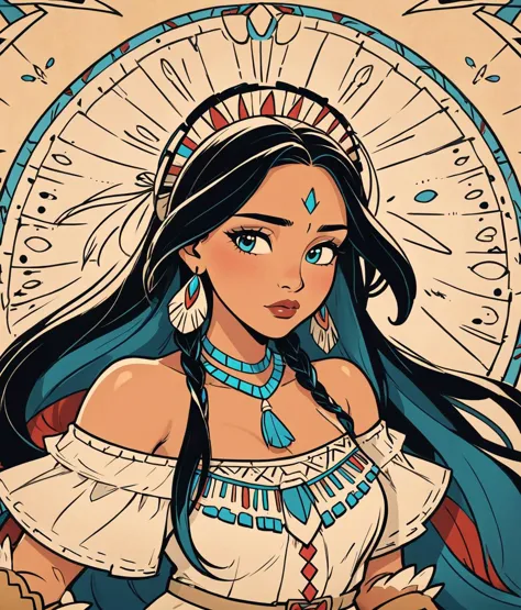 a drawing of a woman with long hair and a native headdress