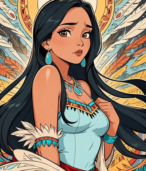 ink lineart, pocahontas from disney, native american, intricate detail, extremely detailed, cartoon style, flat, HD, 8K