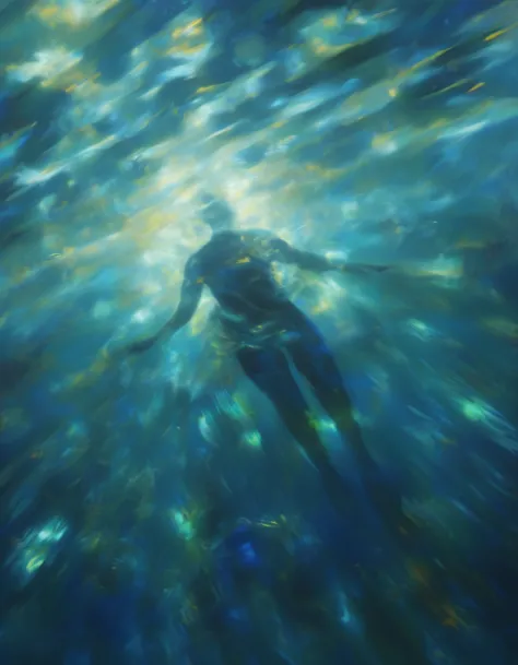 Abstract painting. Long shot, shot of a woman underwater swimming toward the ocean surface. light beam