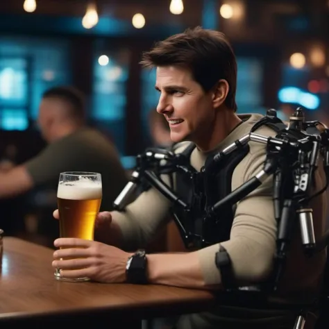 a man sitting at a table with a beer in his hand