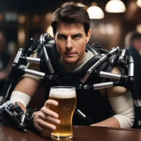 a man with a robotic arm holding a beer in a bar