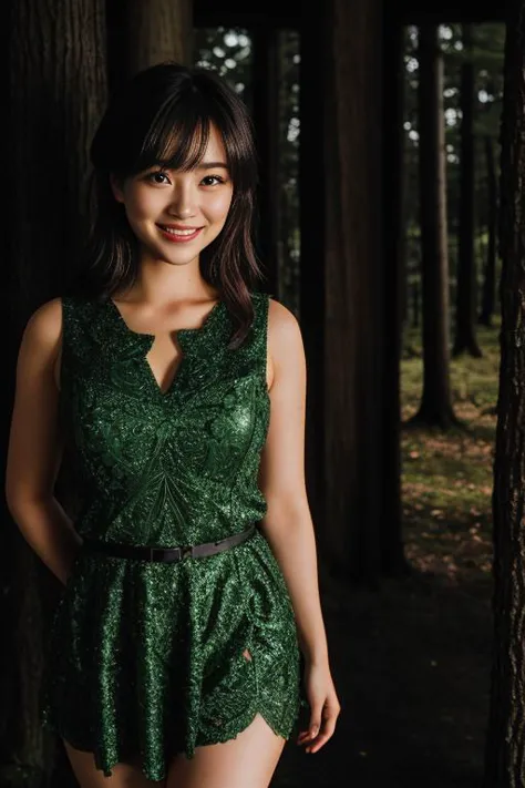 a woman in a green dress standing in a forest