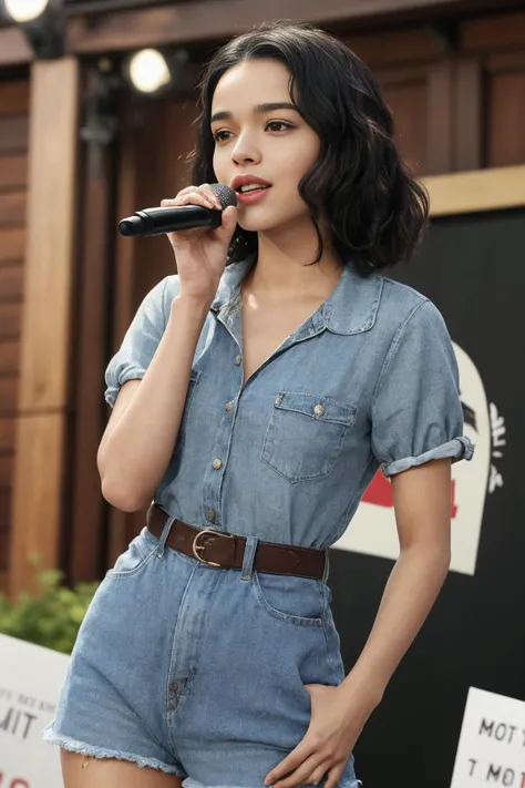 a woman in a denim romper and belted shorts is holding a microphone