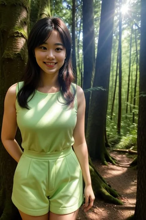 a close up of a woman in a green romper in a forest