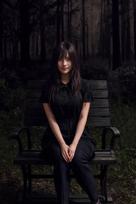 arafed woman sitting on a bench in a dark forest