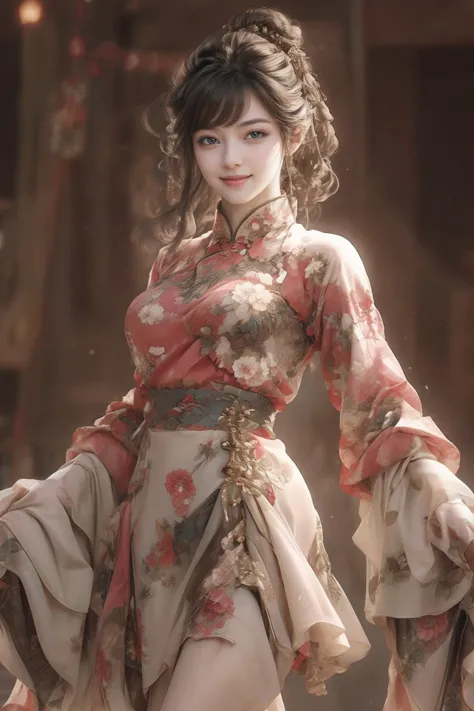 a close up of a woman in a dress with a flowered dress