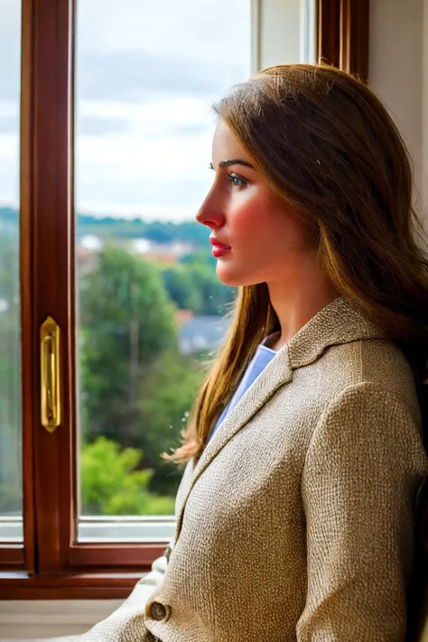 arafed woman sitting on a window sill looking out a window