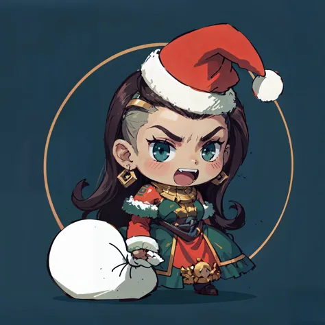 <lora:illaoi-000008:0.8> illaoi, <lora:padoru_meme:0.8> padoru meme, holding sack,chibi,:d,santa hat