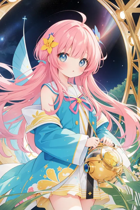 a girl with pink hair and blue dress holding a gold coin