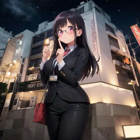 best quality, ultra-detailed, illustration,
lovehogai, scenery, japan, lamppost, night, sky, sign, night sky, outdoors, building, storefront,
1girl, black hair, long hair, glasses, solo, embarrassed, office lady suit, blush, pointing, looking at another, 
